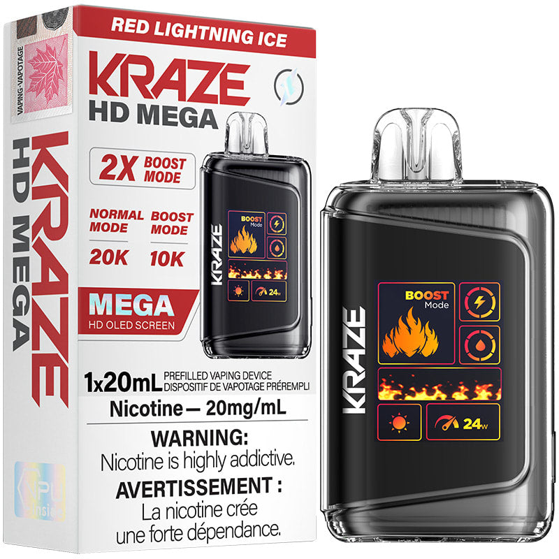 NOUVEAU Kraze HD Mega Red Lightning Glacée Vape Jetable